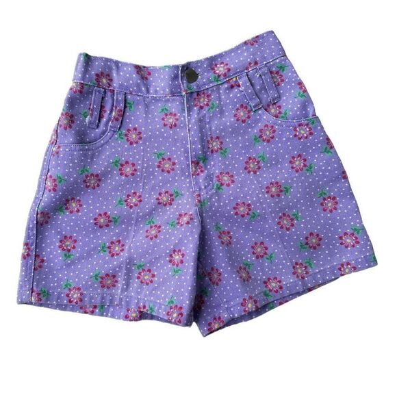 Vintage 90’s Girls Purple Flower Printed High Rise Mom Denim Shorts - Picture 1 of 5